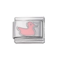 Détail d'un maillon de breloque italienne en acier avec canard en émail rose - Module Canard en Acier Inoxydable / Rose