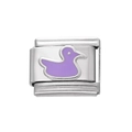 Vue détaillée du charme canard en émail violet sur maillon en acier inoxydable - Module Canard en Acier Inoxydable / Violet