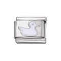 Détail macro du maillon de bracelet italien en acier inoxydable avec motif canard émaillé - Module Canard en Acier Inoxydable / Blanc