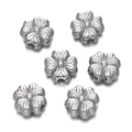 Detailed macro view of six silver stainless steel flower beads with central threading holes - Hollow Plum Blossom Design (Steel Color Style 05)