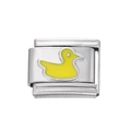Détail macro d'un charm italien en acier inoxydable avec petit canard en émail jaune - Module Canard en Acier Inoxydable / Jaune