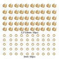 Detailed view of 3.2x5.8mm gold bead covers and 3mm crimp beads for DIY jewelry making - 2.4mm Crimp Covers + 2mm Positioning Beads (Set of 50 Pairs) / Gold