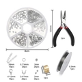Detail of jewelry DIY kit including pliers, storage box, and assorted metal accessories - Needle Nose Pliers Kit / Platinum