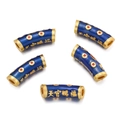 Detailed view of blue enamel curved tube beads with golden Chinese blessing characters - Alloy Drip Oil Small Tube-Dark Blue (Approx 8*22mm/Aperture 3.4mm)