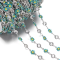 Detailed view of silver daisy chain with blue enamel flowers and clear faceted crystals - Daisy Chain White K Blue (7.5x12.5mm)