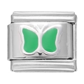 Lien de breloque italienne 9x10mm en acier inoxydable avec papillon émaillé vert - Module Papillon en Acier Inoxydable / Vert