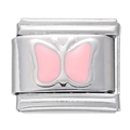 Maillon de bracelet italien en acier poli avec motif papillon en émail rose - Module Papillon en Acier Inoxydable / Rose