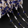 Detail of DIY jewelry chain with blue crystal butterflies and white faux pearls on golden wire - 1m / KC Gold Dark Blue