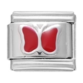 Maillon italien avec papillon en émail rouge sur base carrée en acier inoxydable argent - Module Papillon en Acier Inoxydable / Rouge