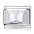 Maillon de charme italien avec papillon en émail blanc sur base carrée en acier inox - Module Papillon en Acier Inoxydable / Blanc