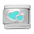 Maillon de bracelet italien avec deux cœurs entrelacés en émail bleu clair en acier inoxydable - Module Double Cœur Bleu