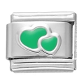 Maillon de charme italien avec doubles cœurs en émail vert sur module acier - Module Double Cœur Vert