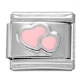Maillon de bracelet italien en acier inoxydable avec doubles cœurs en émail rose - Module Double Cœur Rose