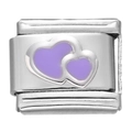 Maillon italien en acier inoxydable argenté avec double cœur en émail violet - Module Double Cœur Violet