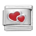 Maillon de charme italien 9x10mm en acier inoxydable avec double cœur émaillé rouge - Module Double Cœur Rouge