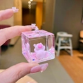 Gros plan sur un porte-clés cube en acrylique rose avec une figurine flottante - Sans Boucle - Style Allongé Rose