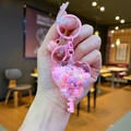 Luminous heart-shaped liquid quicksand keychain with pink snowflakes and flower beads - Pink Snowflake Heart Key / Color Hardware-Pink
