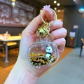 Acrylic liquid panda keychain with floating sequins and gold bell in a TV-shaped charm - Lobster Clasp Style / Gold Hardware TV Black Gold Panda