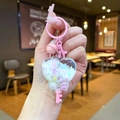 Pink heart-shaped liquid quicksand keychain with bell and key charm accessory - White Snowflake Heart Key / Color Hardware-White