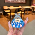 Porte-clés lapin en acrylique bleu avec paillettes et breloque fleurie en main - Bleu (Sans Crochet)