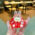 Porte-clés lapin rouge à paillettes liquides avec étoiles et chaton blanc mignon - Rouge (Sans Boucle)