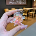 Pink macaron turtle keychain in acrylic with liquid sand and floral sequins detail - Small Glow Flash Turtle / Pink