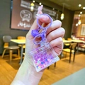 Close-up of purple handbag keychain with flowing beads and colorful flower sequins - Lobster Clasp Style / Purple