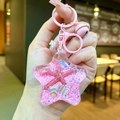 Star-shaped acrylic liquid keychain with pink sand, starfish and shell ornaments - Pink Star With Matching Hardware