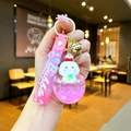 Pink bunny liquid sand keychain with silicone strap and bell for bag accessory - Pink Rabbit