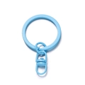 Close-up of sky blue metal keychain parts with round ring and swivel lobster clasp - Blue