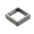 Detail view of square PE film jewelry box with push button and matte grey plastic frame - Premium Grey