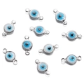 Detailed macro view of 10 stainless steel blue and white evil eye jewelry connectors - Double Bail / 10 Pieces Pack / Steel White