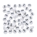 Macro detail of white acrylic round beads with black number 2 for DIY jewelry making - 100 Pcs Per Pack Approx 14.5g / Number 2