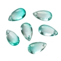 Detailed view of six teardrop-shaped lake green glass beads with transparent finish - 10 Pcs/Pack (Approx. 7.5g) / Green Glitter