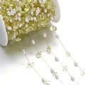 Irregular green gravel and white pearl beads on gold stainless steel chain for jewelry making - 1 Meter / Gold Green