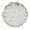 Macro shot of 8x7mm translucent white apple-shaped glass beads in a silver tray for DIY jewelry - White