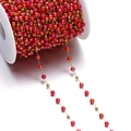 Detailed macro view of red faux pearl and gold bead chain on a white spool for DIY jewelry - 1 Meter / Non-Coiled (Bead Diameter Approx 4.5mm) / Gold Iridescent Red