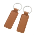 Set of two brown faux leather rectangular keychains with polished silver metal rings - Stitched Rectangle-Brown