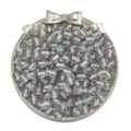 Detail of 10mm glitter resin beads with bicolor stripes in a silver decorative tray - Purple & Green