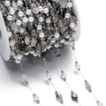 Macro detail of stainless steel DIY jewelry chain with pearls and natural stone beads - 1m/Pack (2-15mm/Pearl 5.5x6mm) 15.5g / Black Inclusions Stone & Artificial Pearl Style (Style 03)