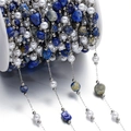 Detail of DIY stainless steel chain with lapis lazuli stones and pearls on a white spool - 1m/Pack (2-15mm/Pearl 5.5x6mm) 15.5g / Lapis Lazuli Style Stone & Artificial Pearl Style (Style 04)