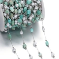 Detail of colorful stone chips and pearls on stainless steel chain for DIY jewelry - 1m/Pack (2-15mm/Pearl 5.5x6mm) 15.5g / Amazonite Style Stone & Artificial Pearl Style (Style 05)