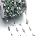 Detail of DIY stainless steel chain with green stones and faux pearls on white spool - 1m/Pack (2-15mm/Pearl 5.5x6mm) 15.5g / Aventurine Style Stone & Artificial Pearl Style (Style 07)