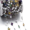 Detailed macro view of DIY colorful crushed stone and pearl stainless steel chain on a spool - 1m/Pack (2-15mm/Pearl 5.5x6mm) 15.5g / Multicolor Fluorite Style & Artificial Pearl Style (Style 09)
