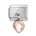 Macro shot of silver stainless steel charm link with dangling pink heart pendant - 1 Piece (Approx. 9*10mm) Approx. 2.5g / Pink