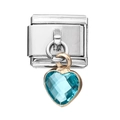 Macro detail of Italian charm link featuring heart-shaped blue crystal in gold casing - 1 Piece (Approx. 9*10mm) Approx. 2.5g / Lake Blue