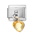 Detailed macro view of an Italian charm module with a heart-shaped yellow gemstone pendant - 1 Piece (Approx. 9*10mm) Approx. 2.5g / Yellow