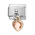Close-up of silver Italian charm with a gold-rimmed heart pendant and pink crystal - 1 Piece (Approx. 9*10mm) Approx. 2.5g / Champagne