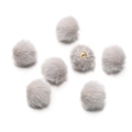 Macro shot of 17mm light grey plush faux mink fur pompoms with gold metal hanging loops - 10 Pieces/Pack (17mm Diameter) / Gray