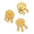 Detailed view of matte gold lotus flower charms with three hanging beads for DIY jewelry - Lotus Bell Style / 2 Pcs/Set